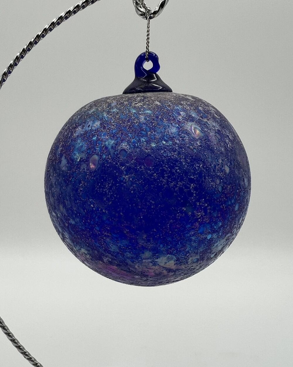 Hand Blown Art Glass Cobalt Blue Iridescent Textured 4” Hanging Ornament Orb